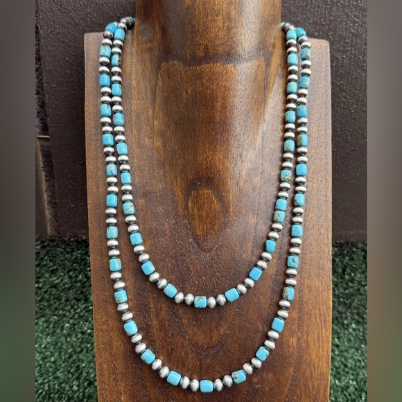 Long Sterling Silver Blue Turquoise W 6mm Pearls Bead Necklace 43 inch Gift